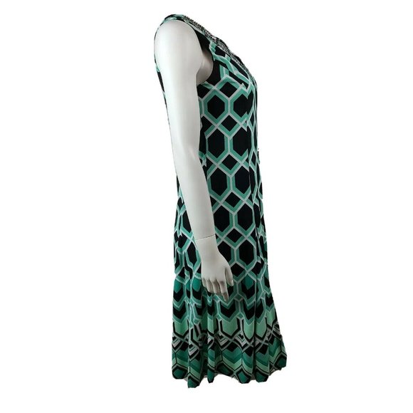 JM COLLECTION Green Black Geometric Beaded Sequin Neckline Dress PM Petite M - Picture 5 of 8